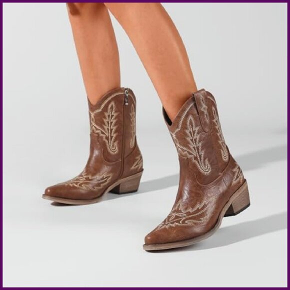 Women's Western Ankle Boots Rhinestone Embroidery Chunky Heel PU Leather - Picture 3 of 8